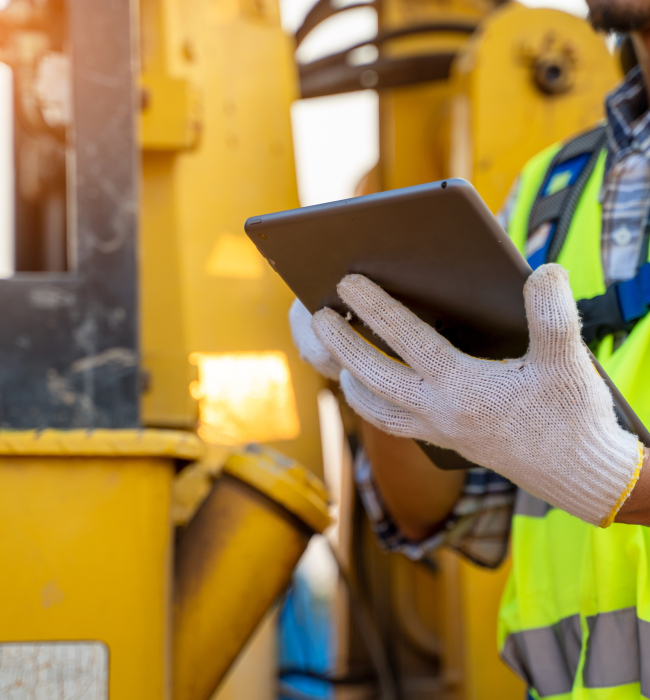 Engineer builder using tablet working outdoors, Construction Concept.